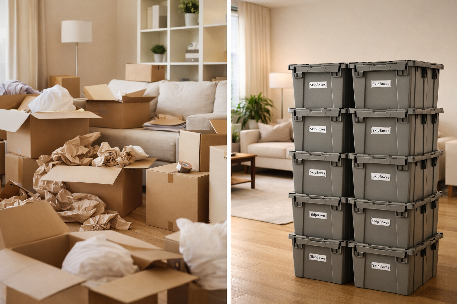 Before and after comparison: cardboard box chaos vs. neatly stacked SkipBoxes reusable moving bins